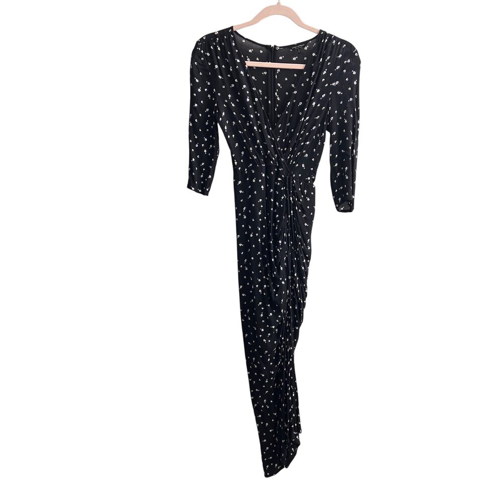 Lucky Brand Floral  V-Neck Midi Fitted Dress with Ruching - 0